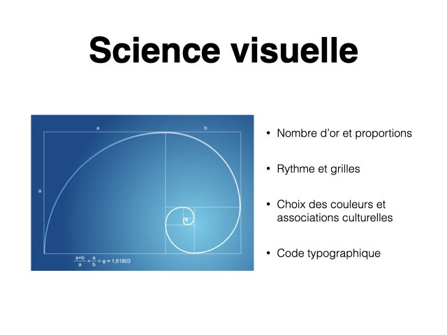 Science visuelle : nombre d'or, proportions, rythme, grille, choix de couleurs, code typographique