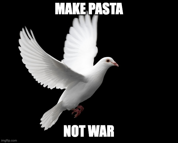 Flying dove surrounded by: Make pasta, not war